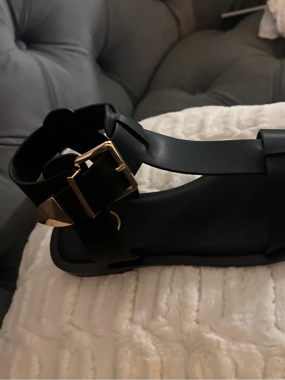 Black Leather T-Strap Ankle Buckle Sandals - Women - Picture 5 of 6